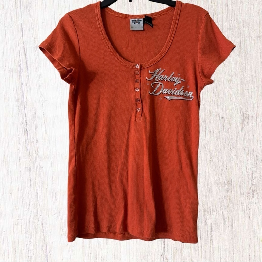 Harley Davidson Logo Scoop Henley Ribbed Tee Shirt size Large